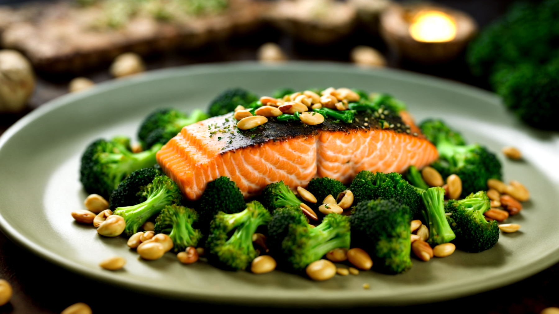 salmone broccoli pinoli"